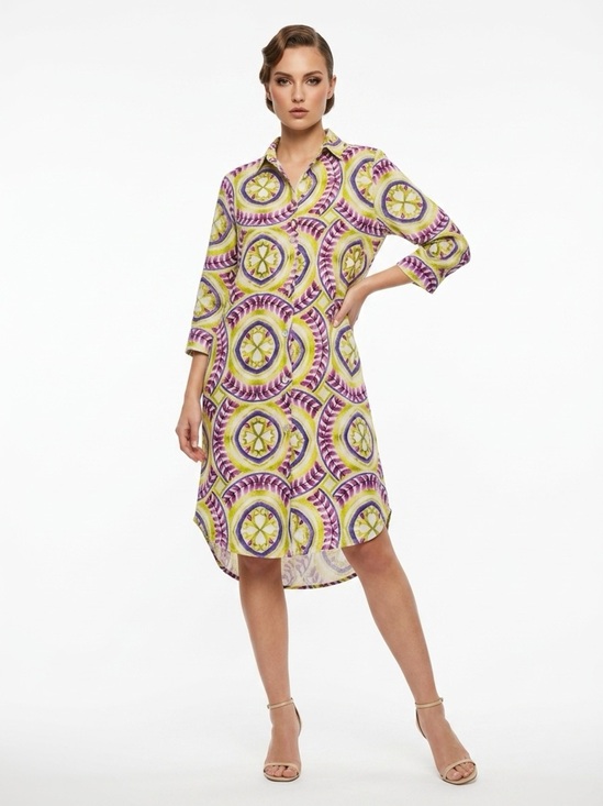 Dresses & Skirts - Made In Italy Shirt Dress Linen Medallion Print Green Purple Size 10